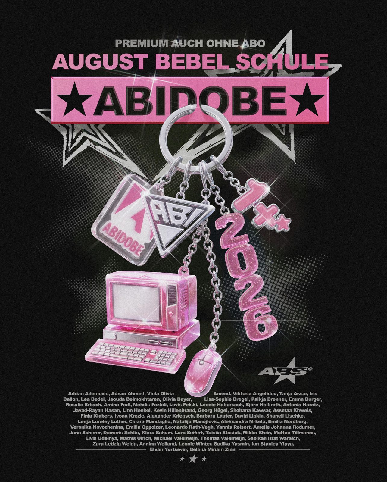 Abidobe Premium auch ohne Abo August Bebel Schule 2026 – Y2K Schlüsselanhänger Charms Retro PC Sterne Halbton Namensliste Schwarz Pink