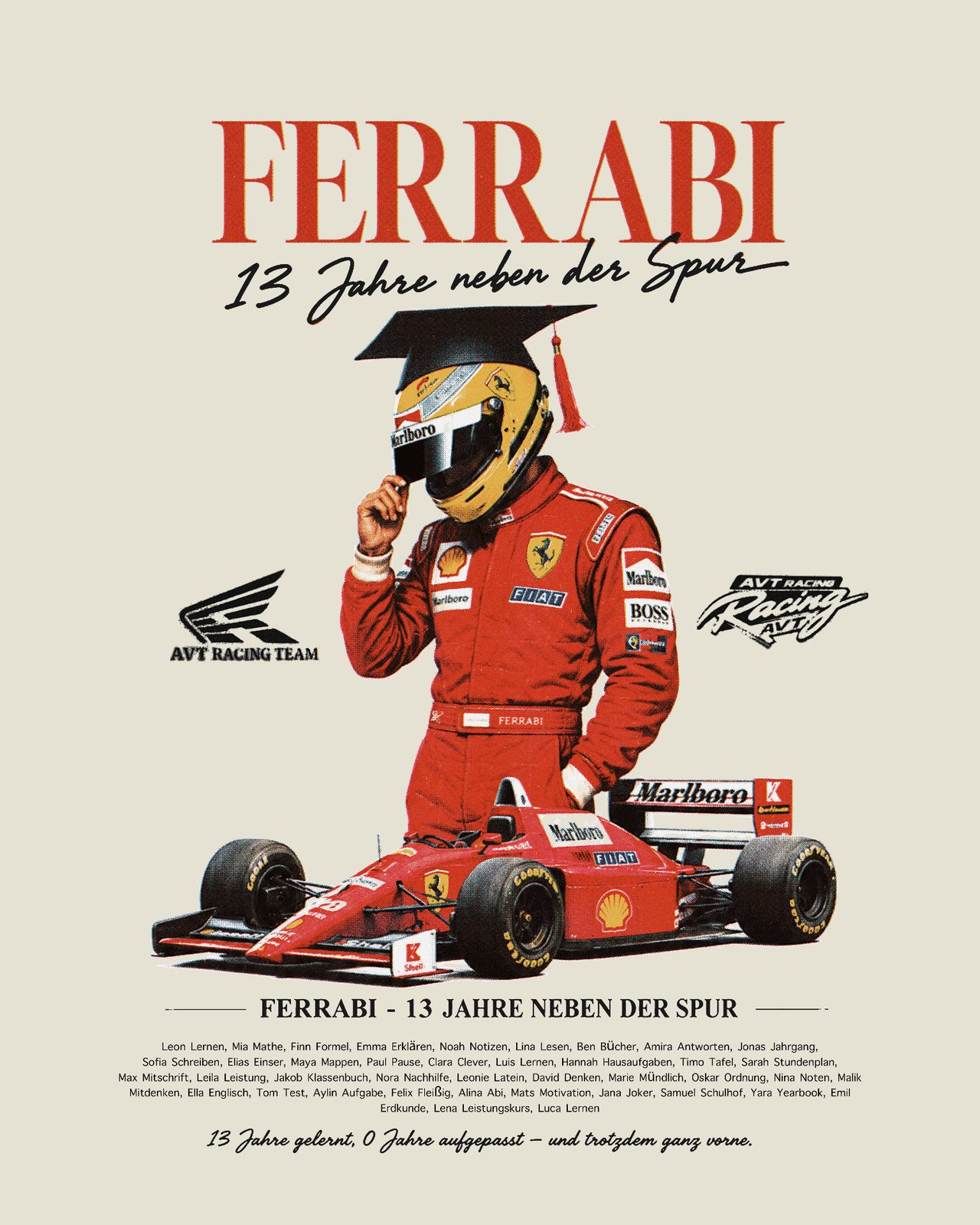 Ferrabi 13 Jahre neben der Spur – AVT Racing Team Fahrer Doktorhut Bolide Namensliste Creme Rot