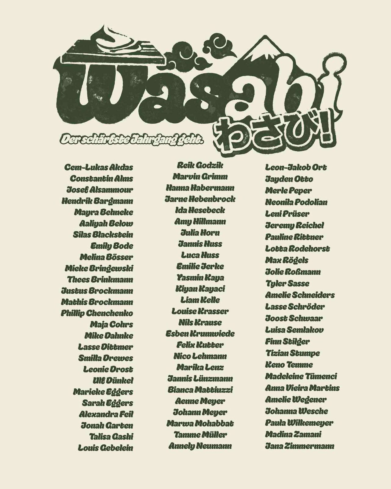Wasabi Der schärfste Jahrgang geht – Fuji Sushi Retro Bubble Typografie Kanji Namensliste Creme Dunkelgrün