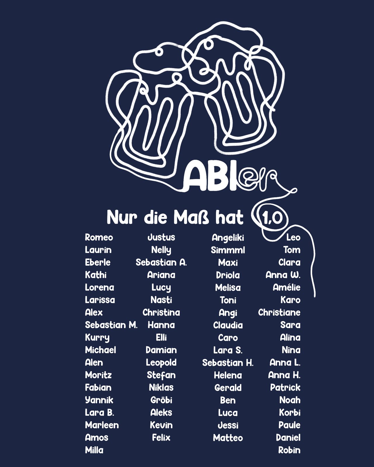 ABIer Nur die Maß hat 1,0 – Bierkrüge Prost One Line Doodle Namensliste Navy Weiß