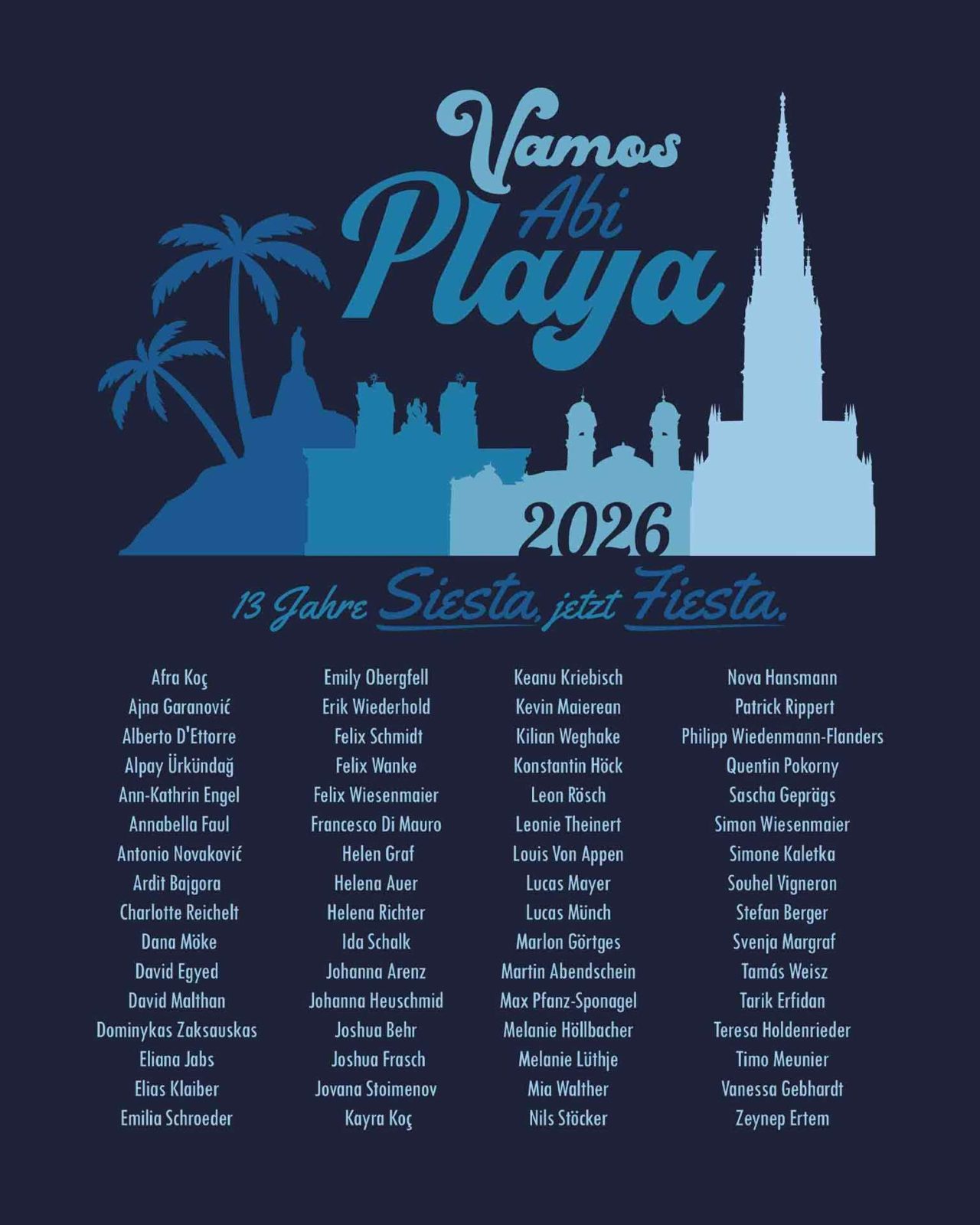 Vamos Abi Playa 2026 – 13 Jahre Siesta jetzt Fiesta Palmen Skyline Kirche Script Typografie Namensliste Navy Blau