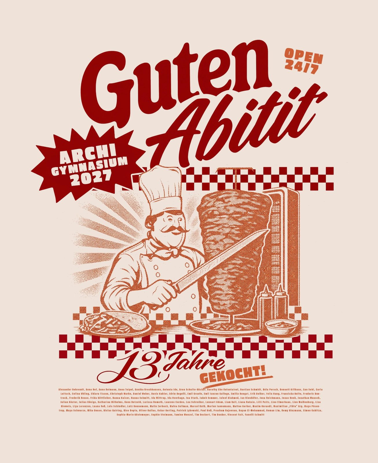 Guten Abitit – Dönerbuden Retro Grafik Open 24/7 13 Jahre gekocht Creme Rot Orange