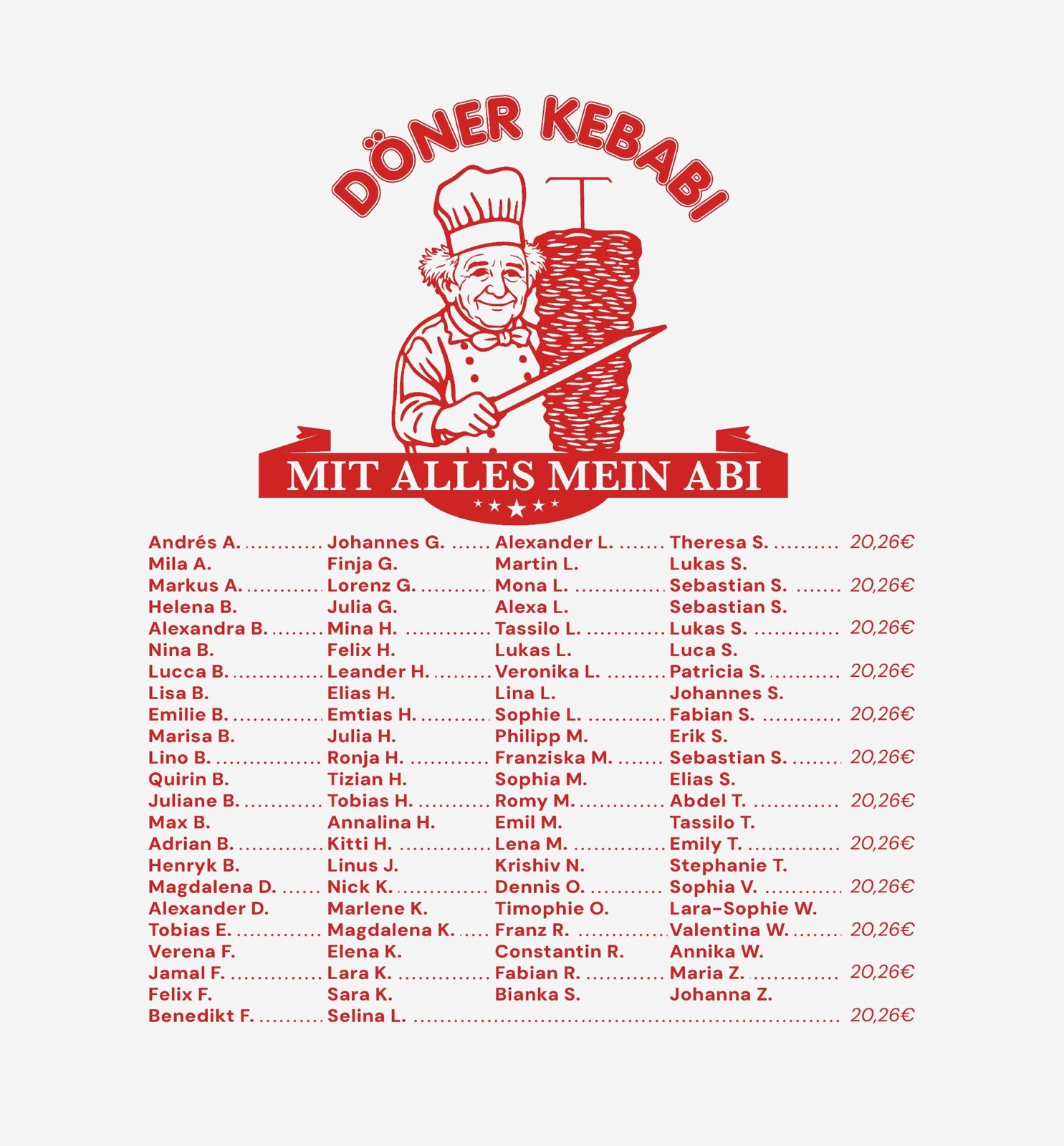 Döner Kebabi Mit alles mein Abi – Dönermann Drehspieß Vintage Logo Banderole Namensliste Rot Weiß