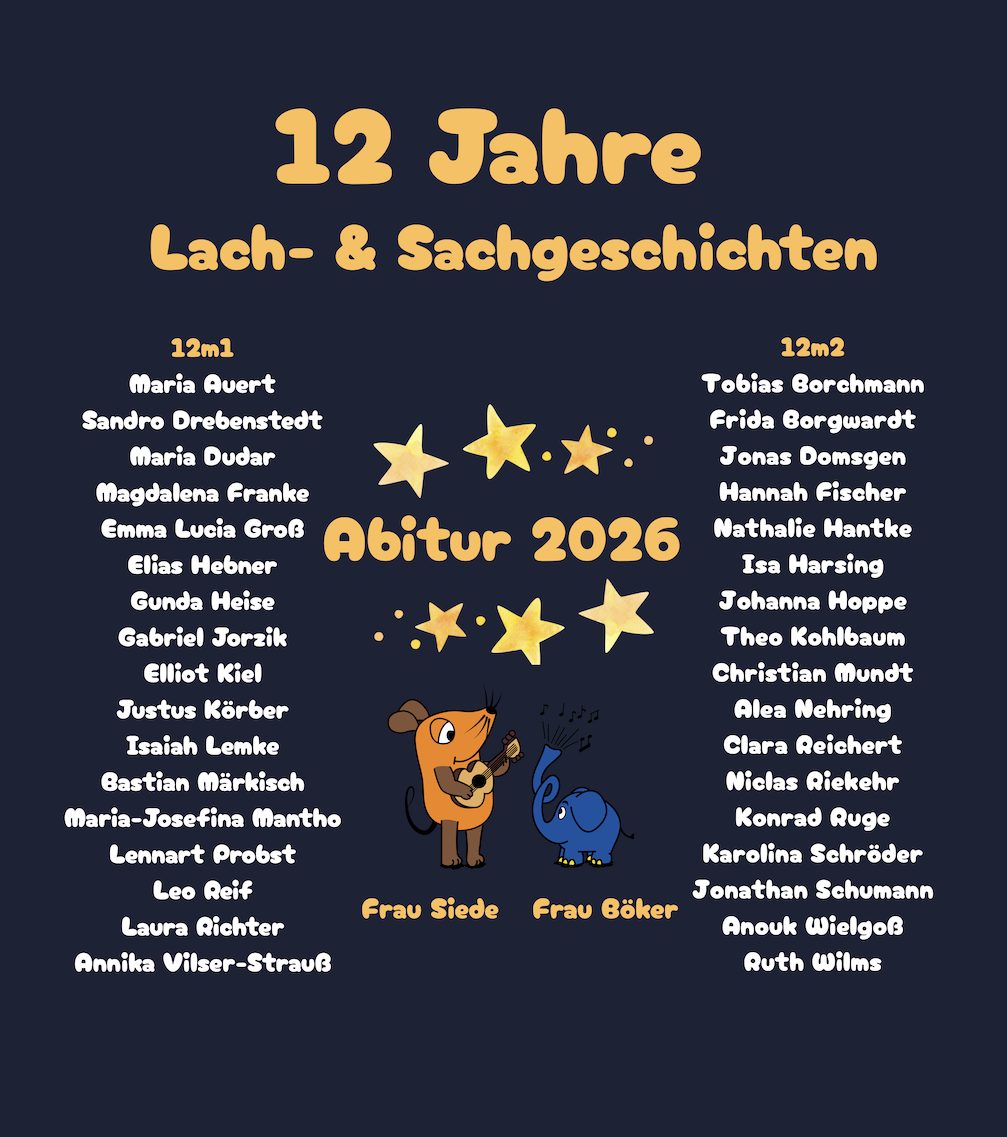 Abi mit der Maus 12 Jahre Lach- & Sachgeschichten Abitur 2026 – Maus Elefant Sterne Cartoon Kindheit Nostalgie Namensliste Navy Gelb Weiß