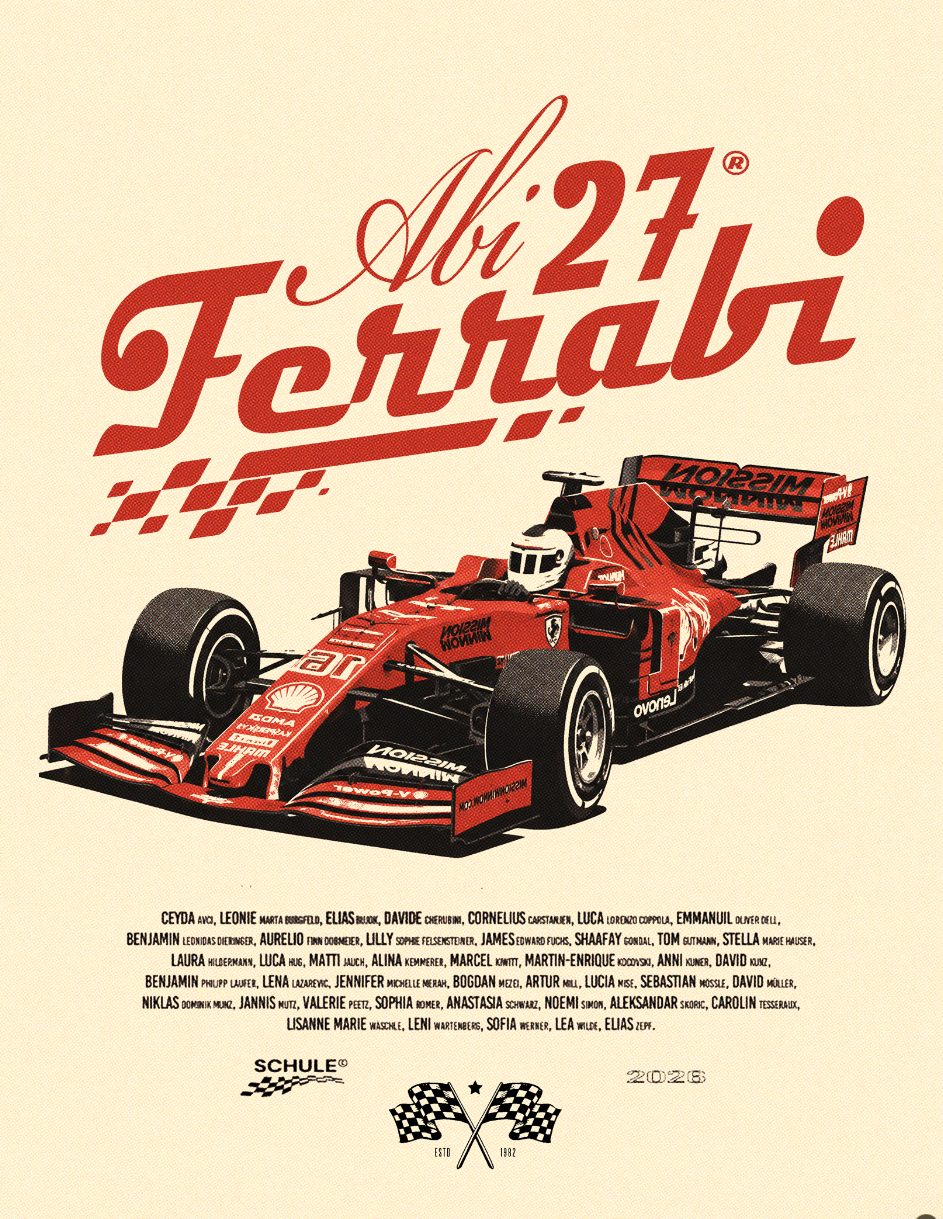 Abi 27 Ferrabi – Retro Script Bolide F1 Zielflagge Namensliste Creme Rot