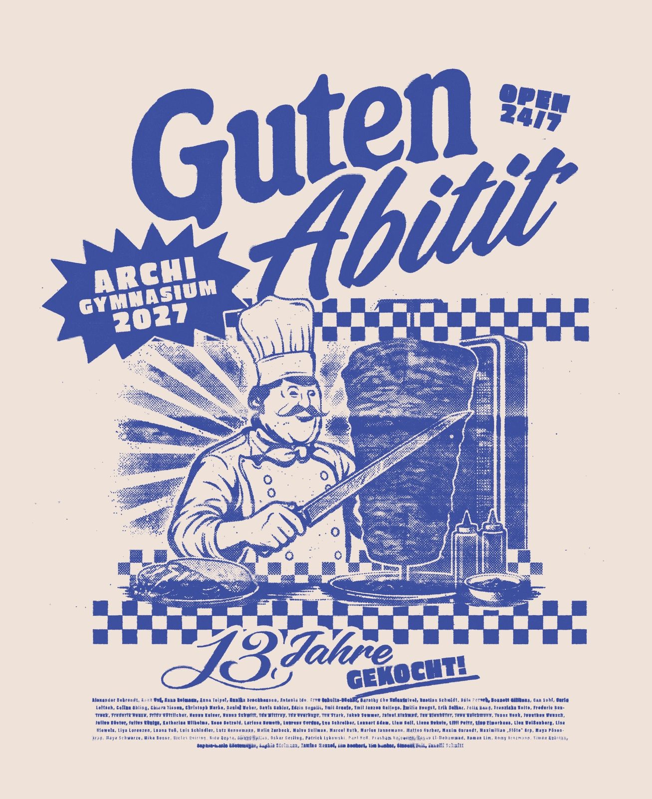 Kebabi Guten Abitit – Dönerbuden Grafik Archigymnasium Open 24/7 Creme Blau