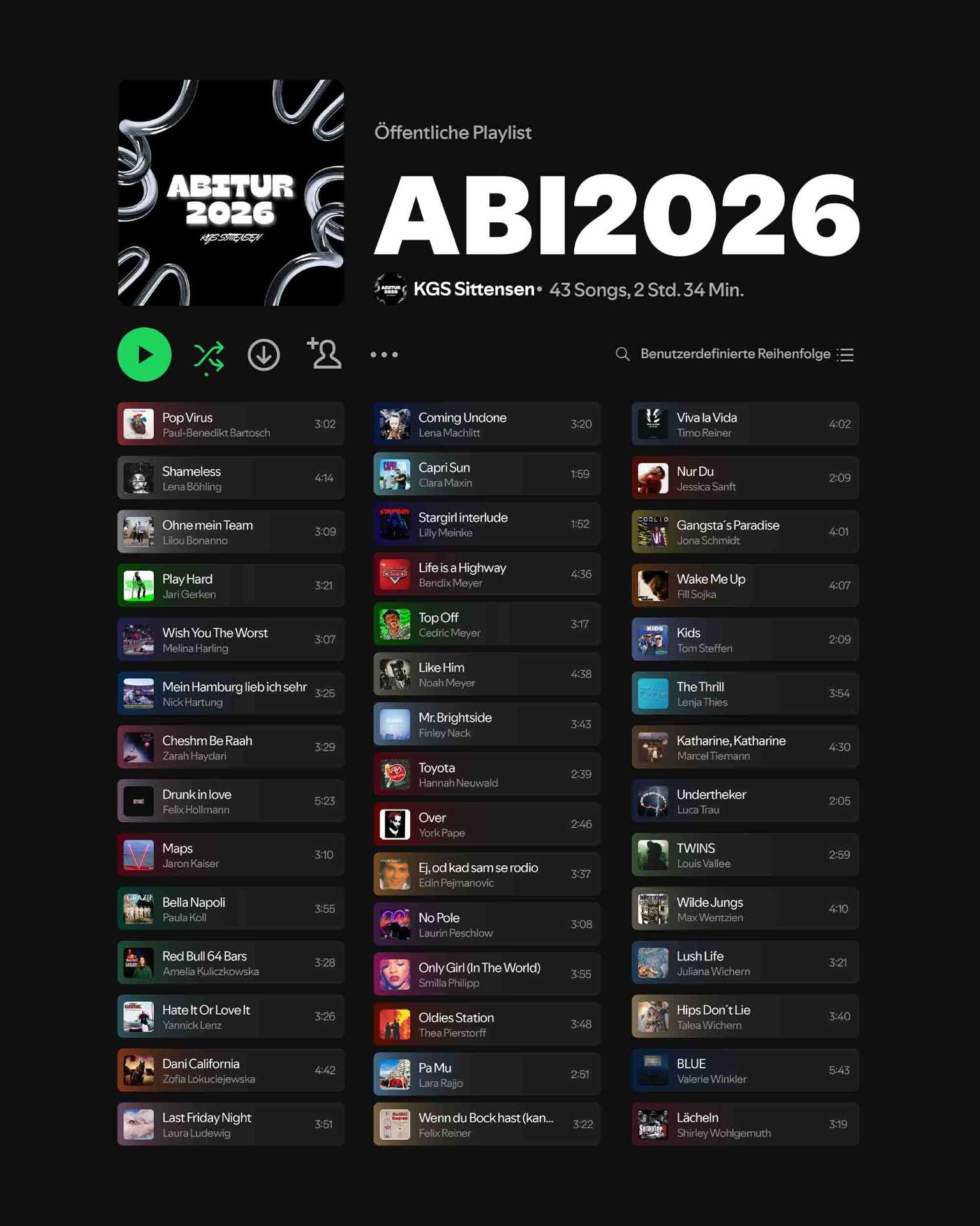 Abi 2026 Playlist KGS Sittensen – Spotify Cover Chrome Liquid Metal Songliste Schwarz Weiß