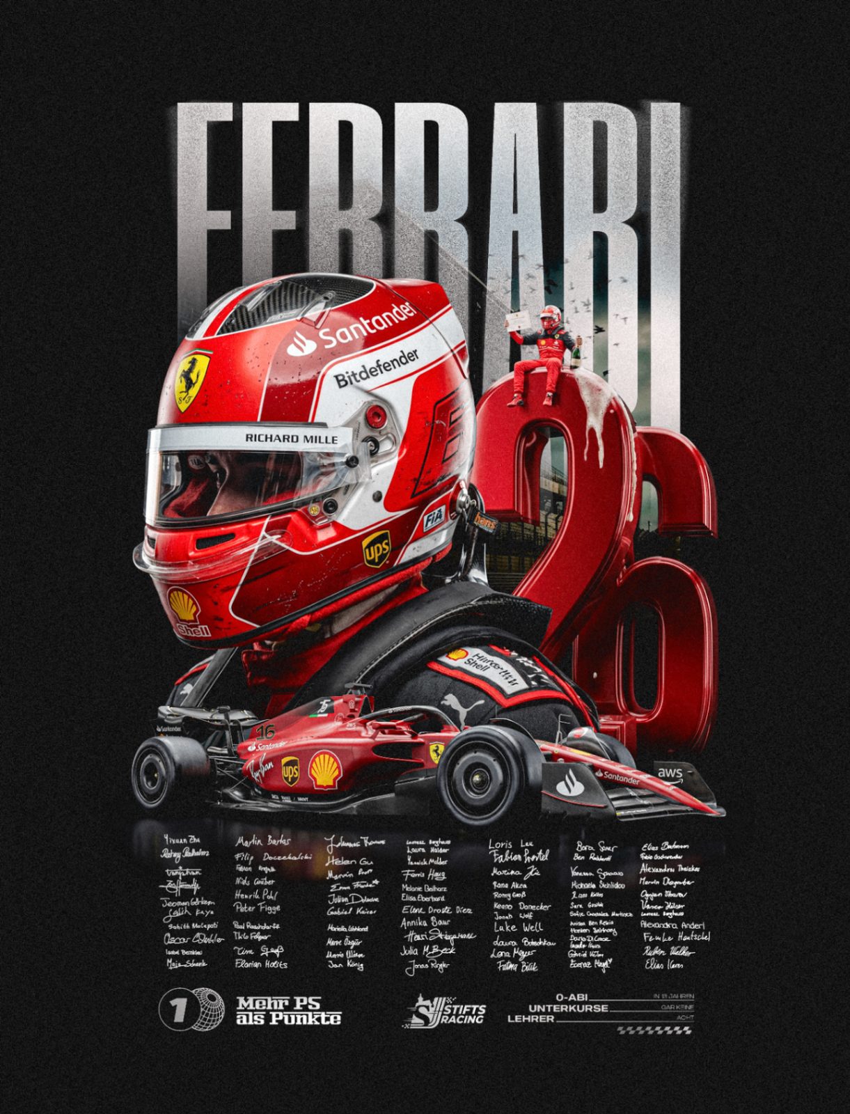 Ferrabi – Stifts Racing Helm F1 Bolide Namensliste Mehr PS als Punkte Schwarz Rot