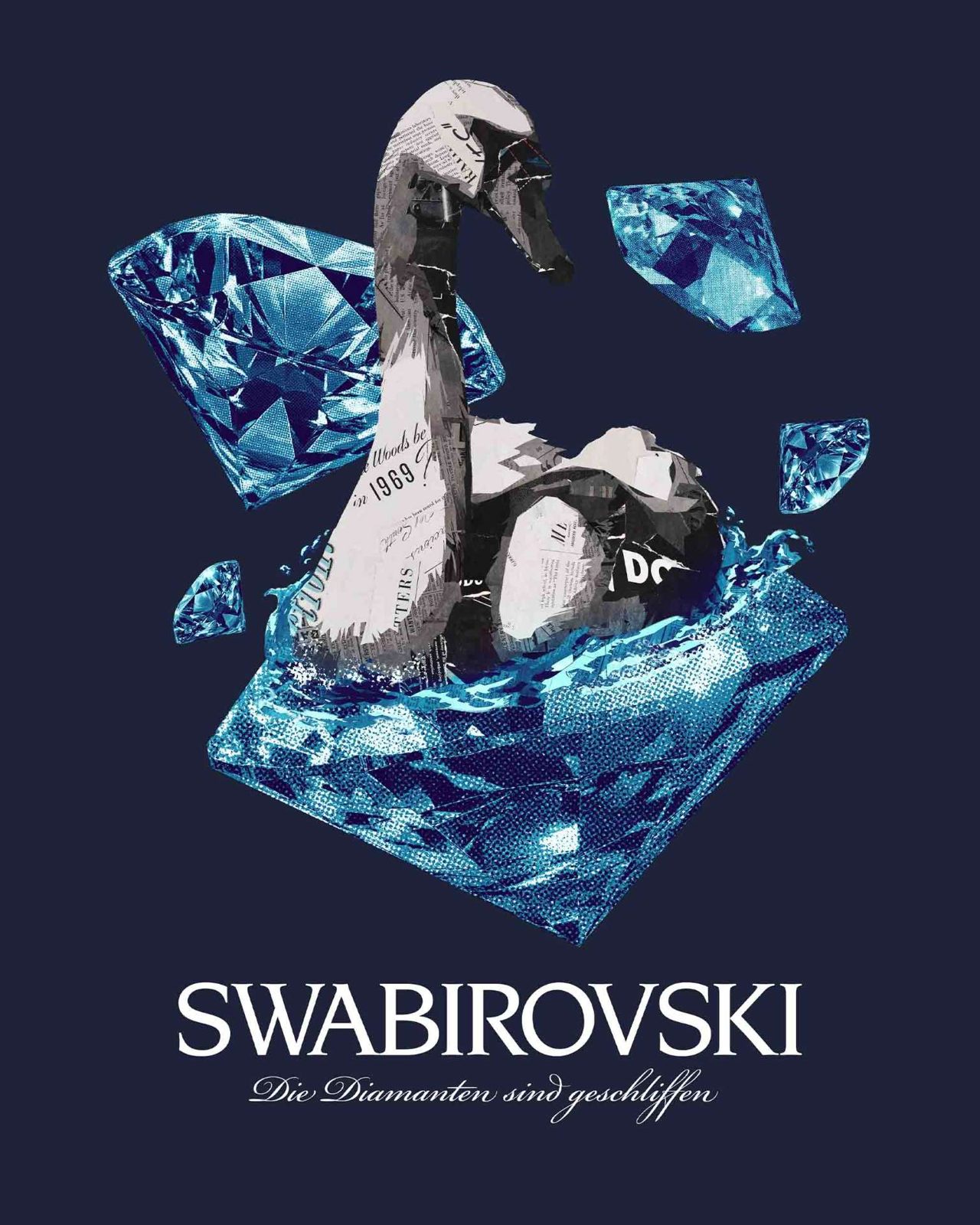 Swabirovski Die Diamanten sind geschliffen – Schwan Zeitungscollage Diamanten Halbton Serif Script Navy Blau