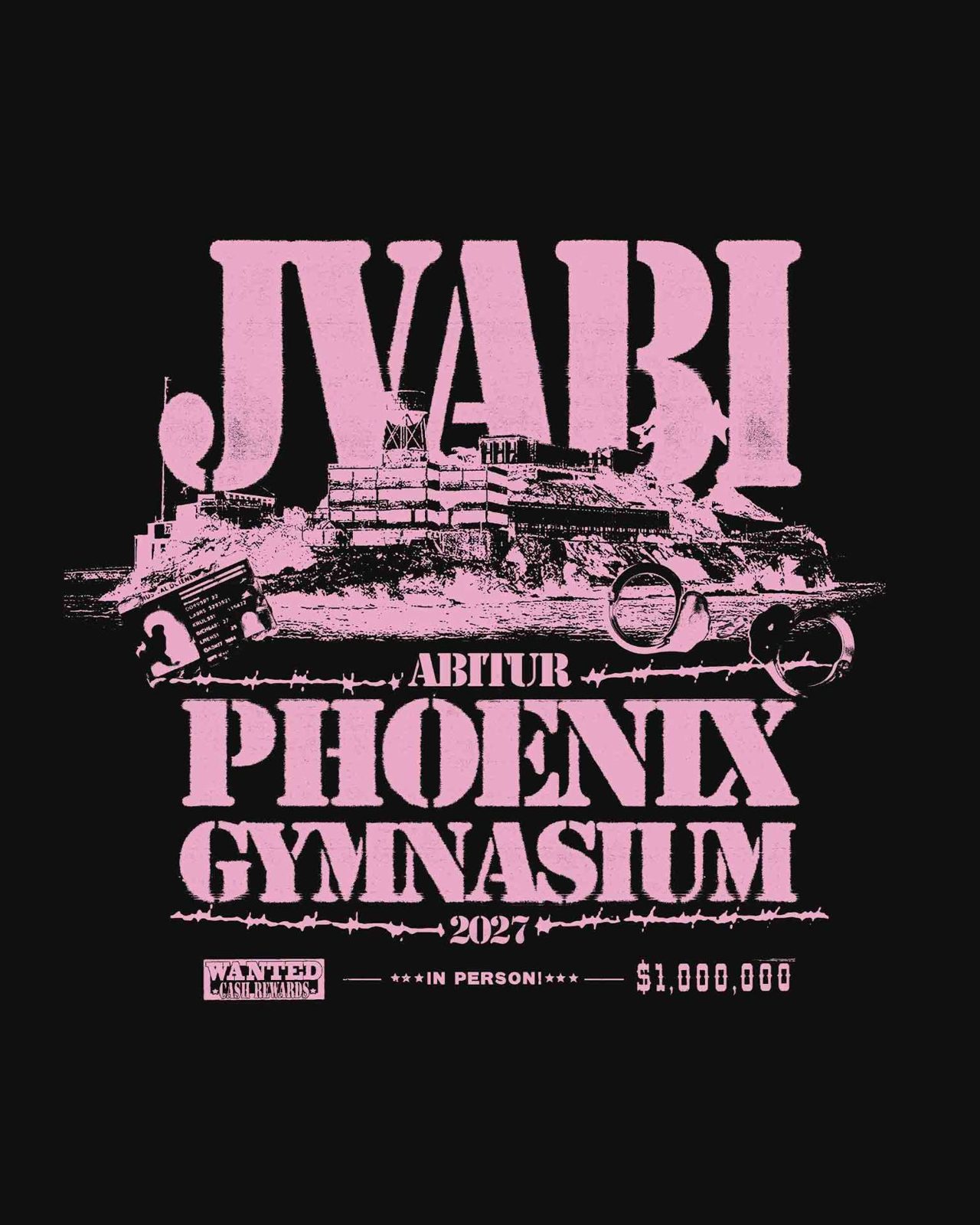 JVAbi Abitur Phoenix Gymnasium 2027 – Alcatraz Handschellen Wanted Vintage Slab Serif Schwarz Rosa