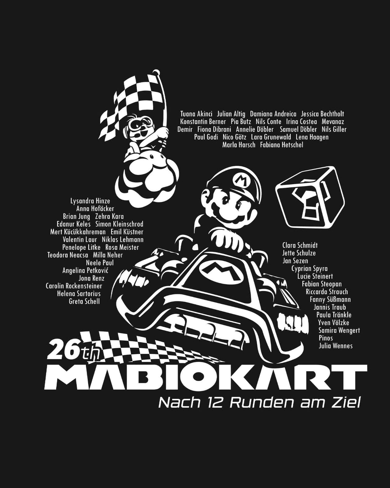 26th MabioKart – Nach 12 Runden am Ziel Mario Zielflagge Itembox Namensliste Schwarz Weiß