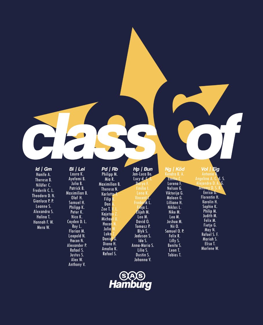 Class of 26 SAS Hamburg – Großer Stern Kurslisten Serif Script Typografie Namensliste Navy Gelb Weiß