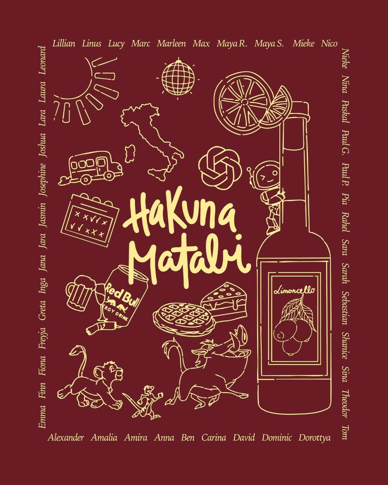 Hakuna Matabi – Löwe Simba Timon Pumbaa Limoncello Italien Doodle Namensliste Bordeaux Creme