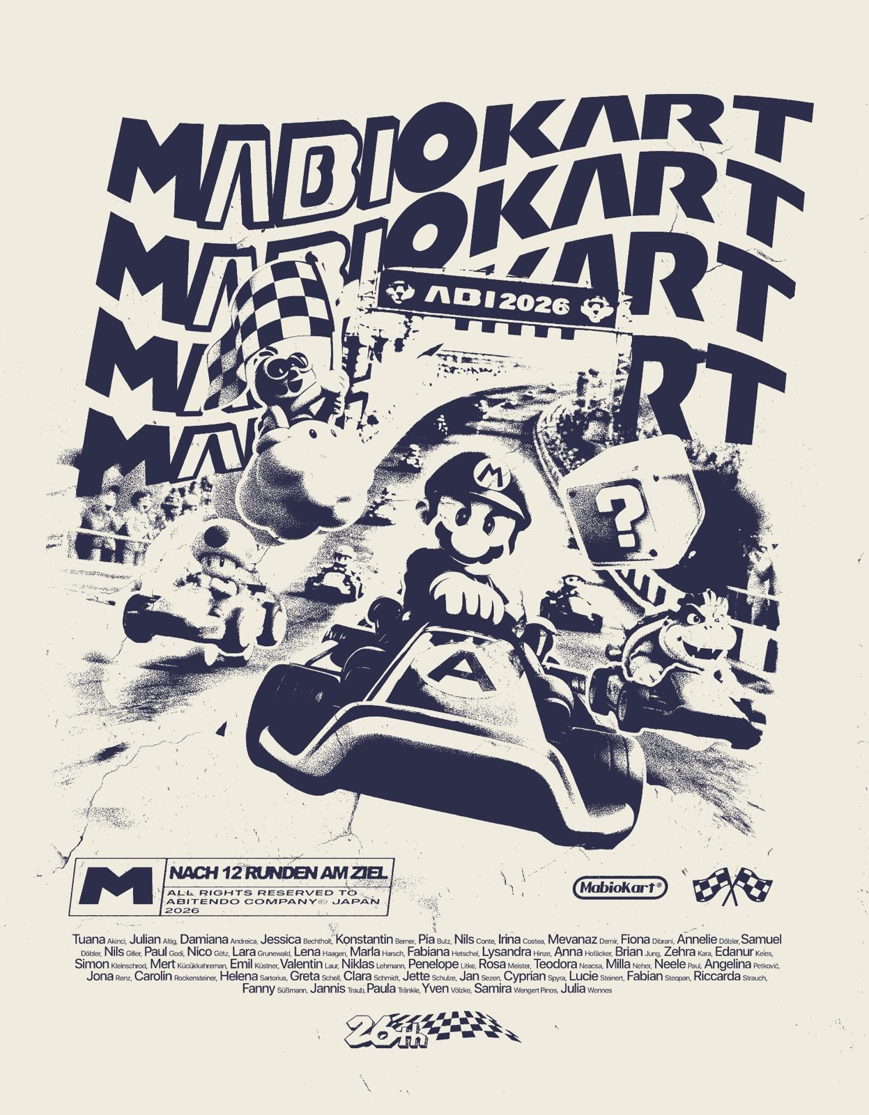 MabioKart Abi 2026 – Nach 12 Runden am Ziel Mario Kart Retro Poster Halbton Repeat Namensliste Navy Creme