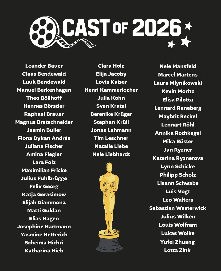 Cast of 2026 – Oscar Filmrolle Sterne Kino Hollywood Namensliste Schwarz Gold Weiß