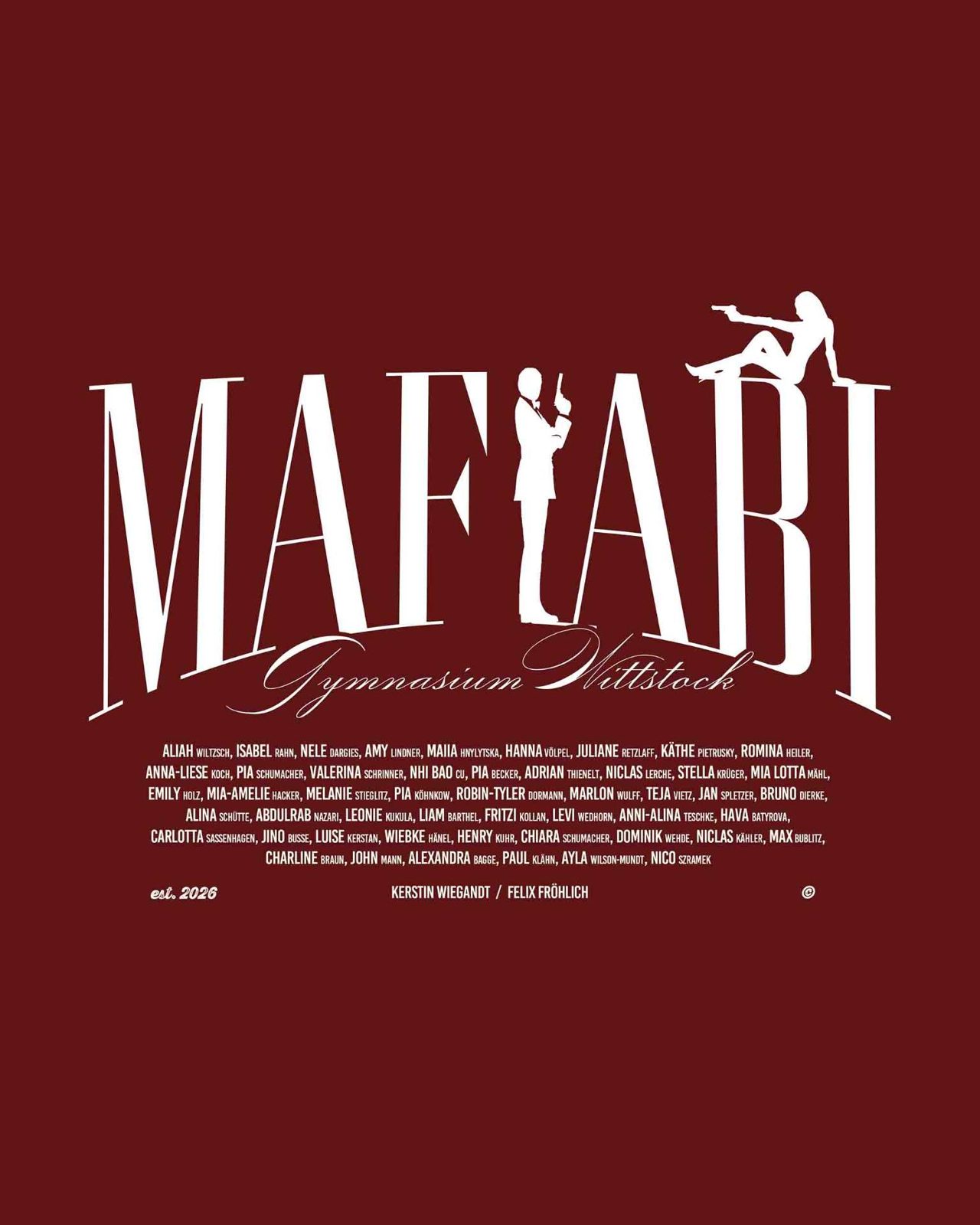 MafiAbi Gymnasium Wittstock est 2026 – James Bond Agenten Silhouetten Elegant Serif Namensliste Bordeaux Weiß
