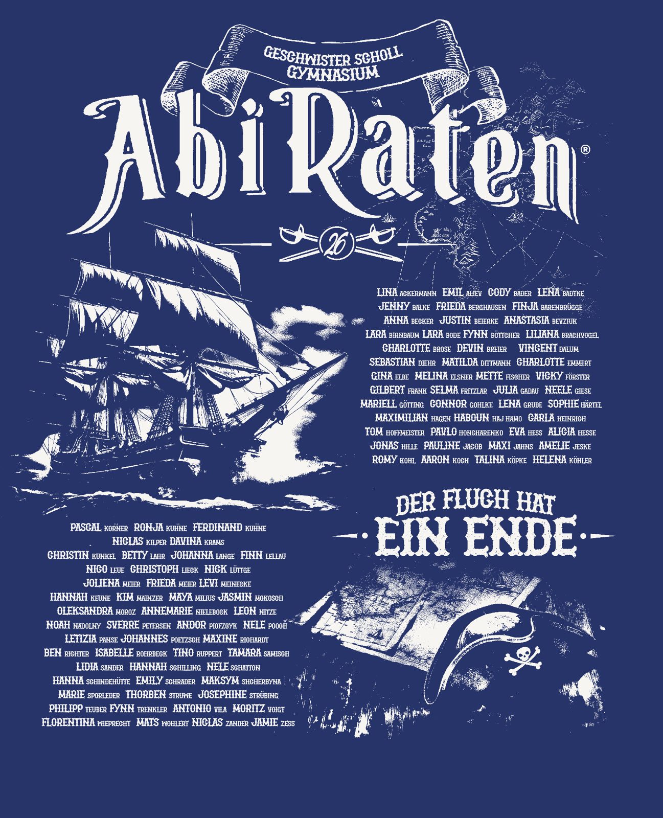 AbiRaten 26 Geschwister Scholl Gymnasium – Der Fluch hat ein Ende Piratenschiff Schatzkarte Säbel Vintage Gravur Namensliste Navy Creme