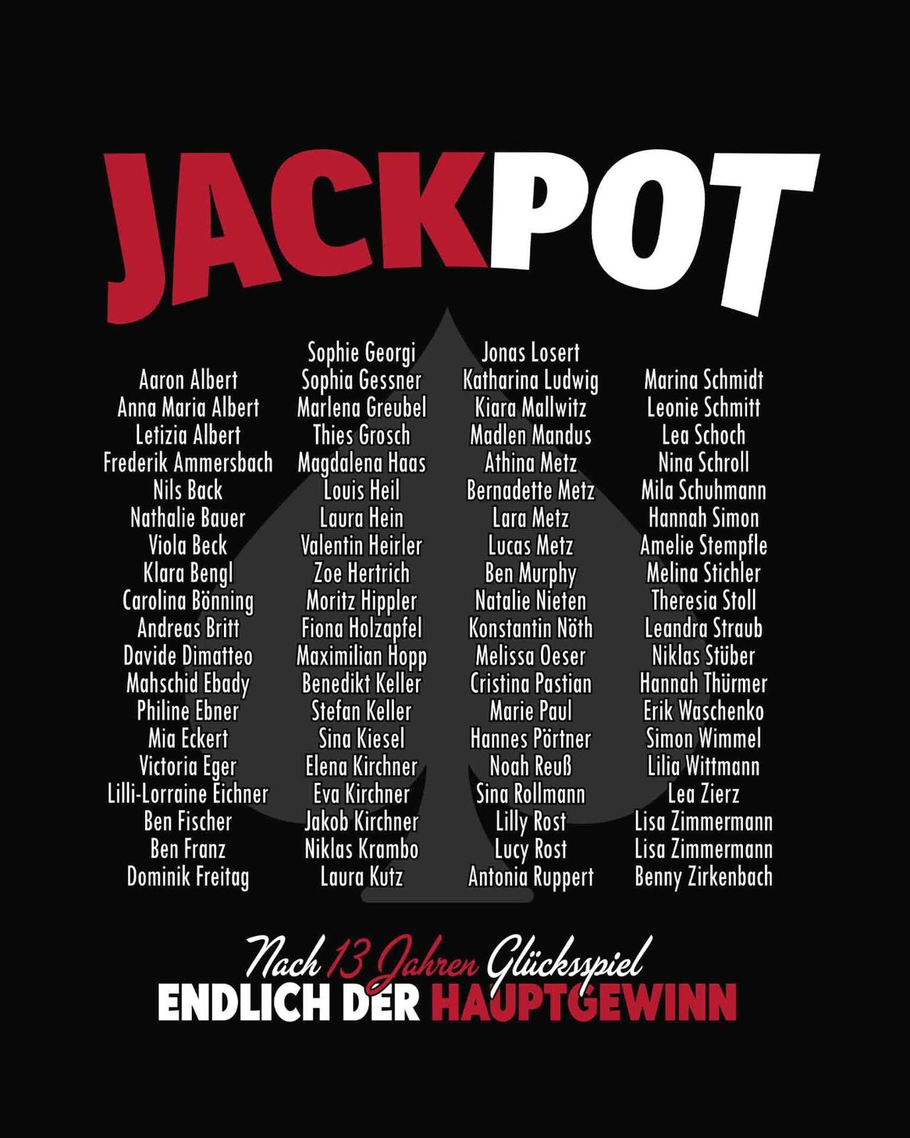 Jackpot – Nach 13 Jahren Glücksspiel endlich der Hauptgewinn Pik Ass Namensliste Schwarz Rot Weiß