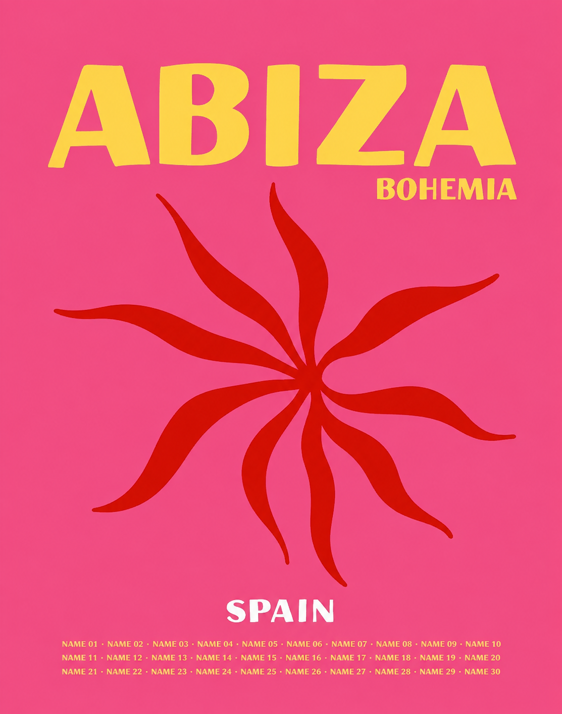 Abiza Bohemia Spain – Rote Sonne Sunburst Pink Gelb Grobe Bubble Typografie Namensliste