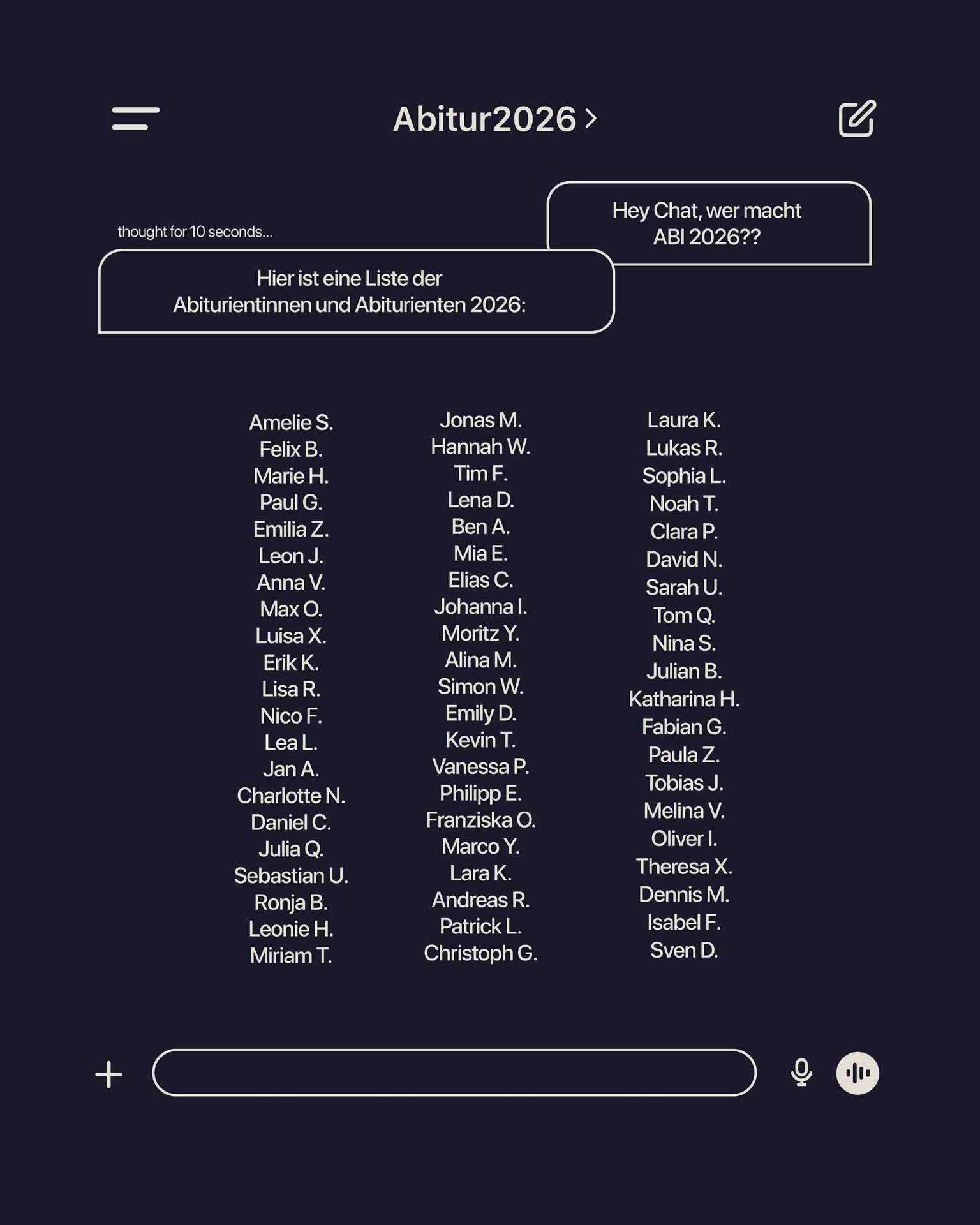 AbiGPT – Abitur2026 Chat Navy Namensliste