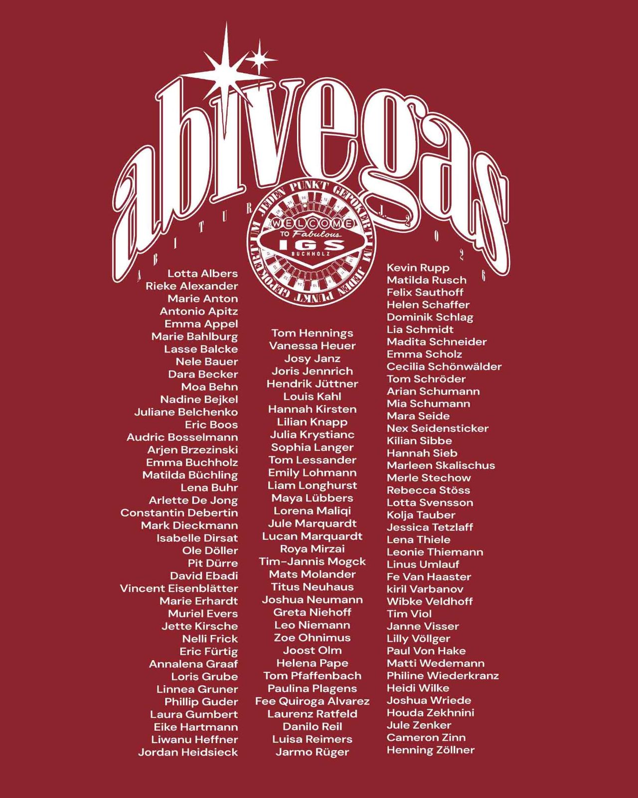 Abivegas – IGS Buchholz Rot Retro Namensliste Welcome Sign