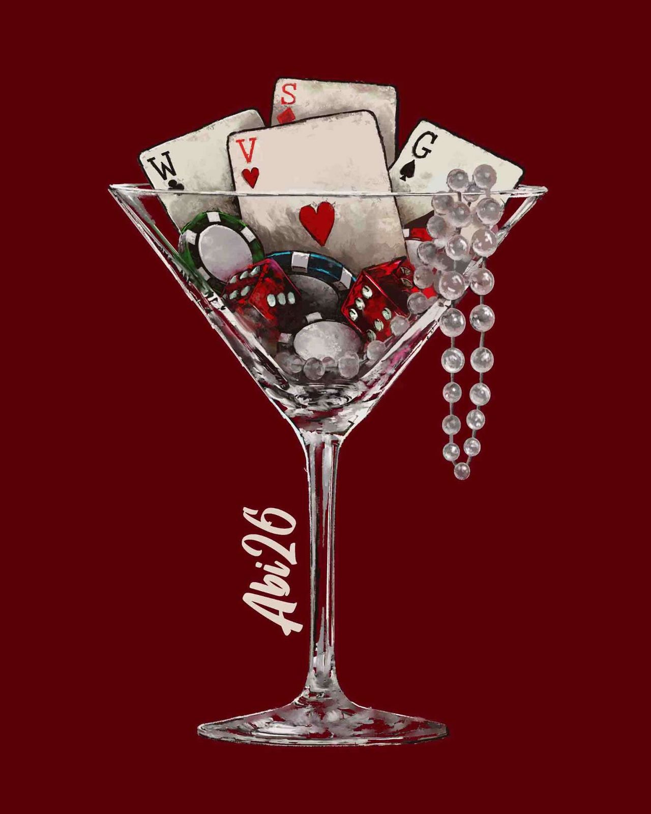 Abivegas – Martini Glas Karten Chips Perlenkette Abi 26 Bordeaux