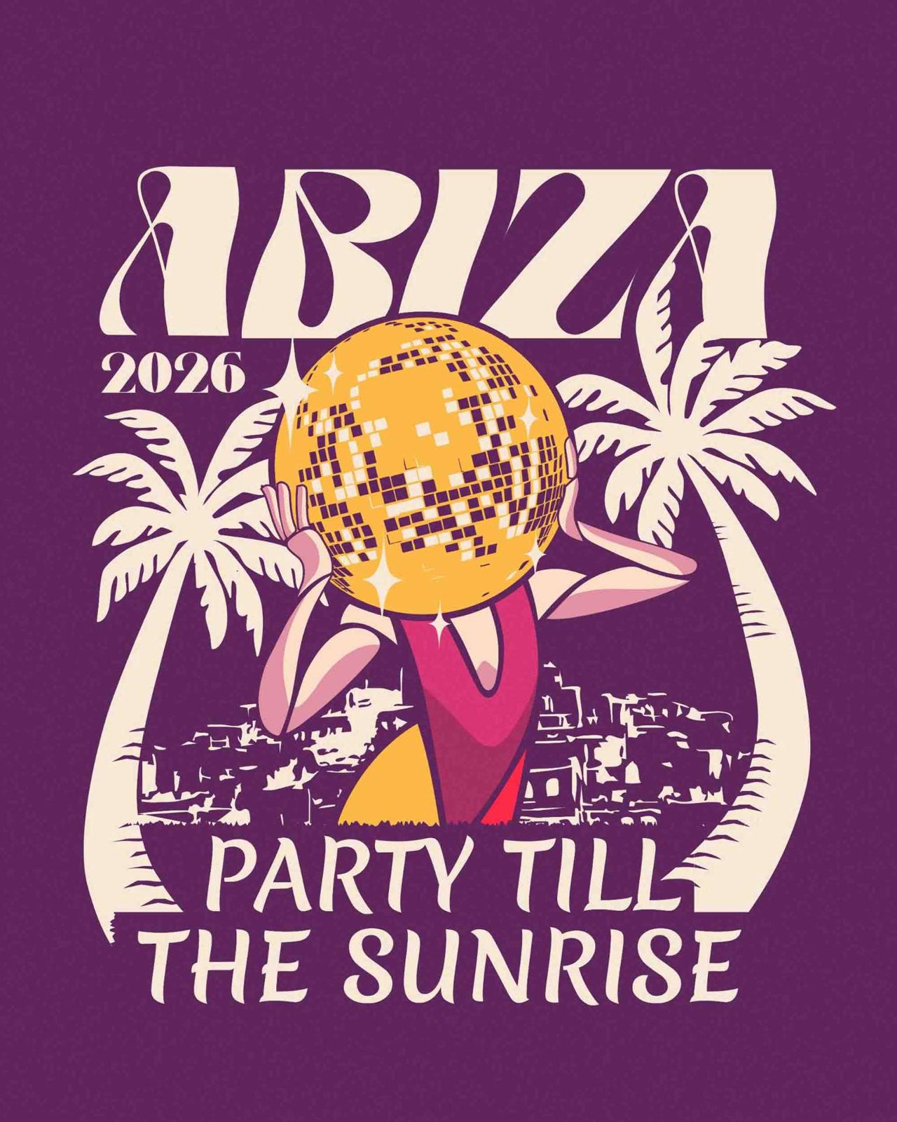 Abiza 2026 – Discokugel Figur Palmen Skyline Lila Party till the sunrise