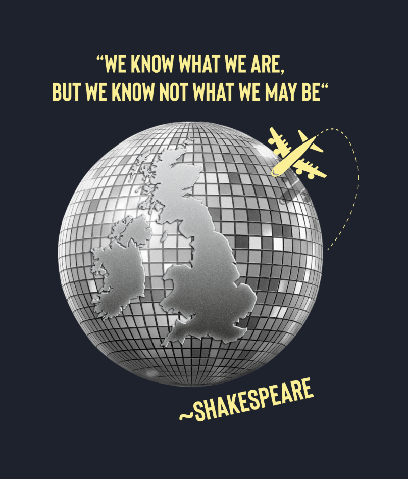 Abroad – Discokugel Globus UK Flugzeug Shakespeare Zitat Navy