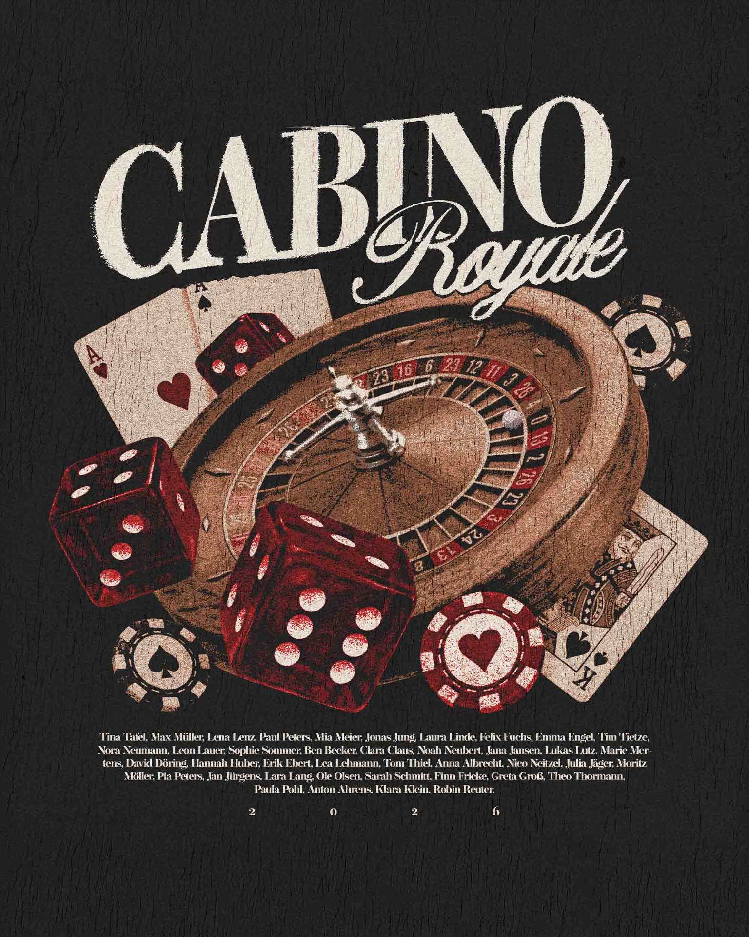 Cabino Royale – Roulette Karten Würfel Chips Namensliste Vintage Schwarz