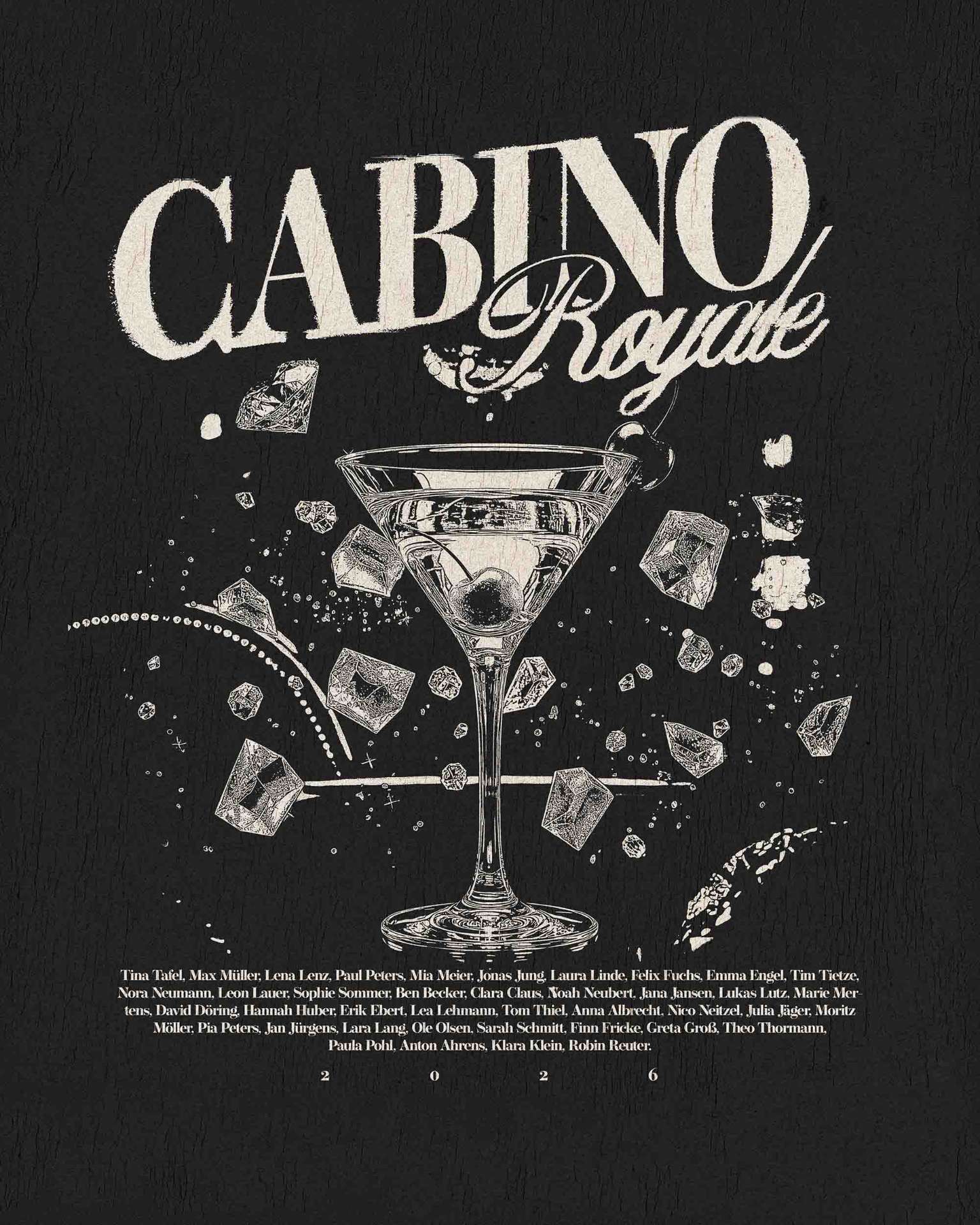 Cabino Royale – Martini Diamanten Line Art Namensliste Schwarz