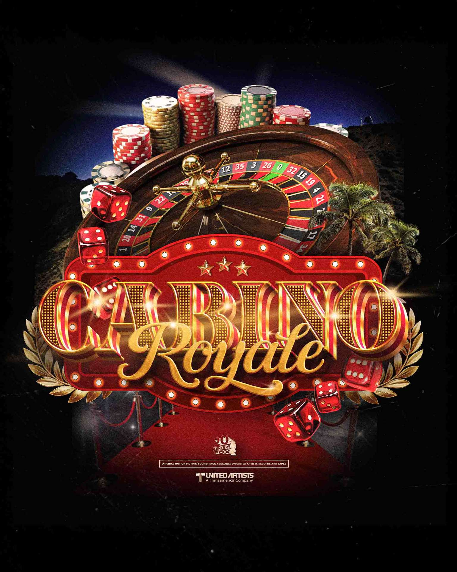 Cabino Royale – 3D Gold Marquee Roulette Chips Palmen Movie Poster Schwarz Rot