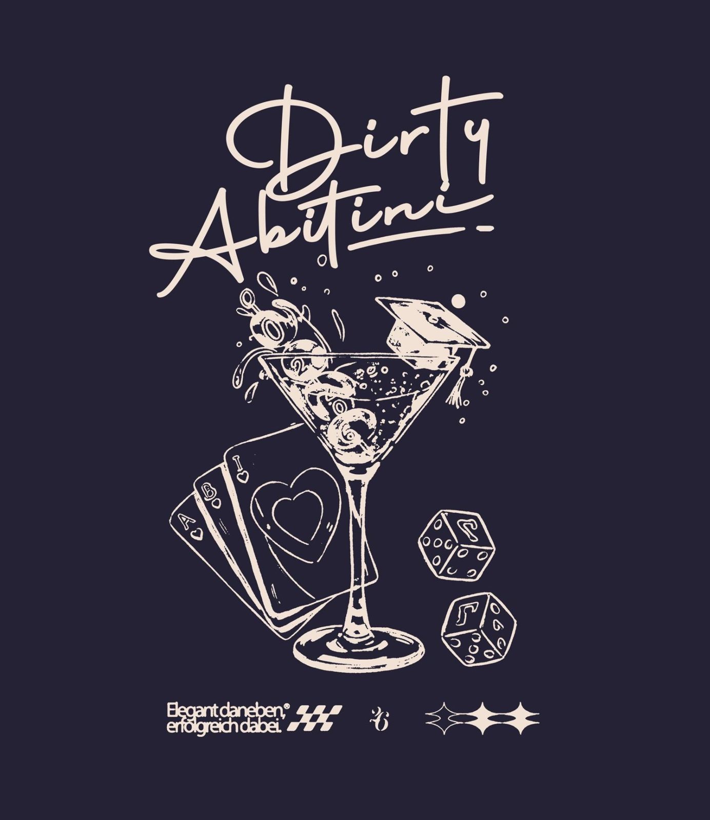 Dirty Abitini – Cocktail Poker Karten Würfel Doktorhut Handgezeichnet Navy Creme