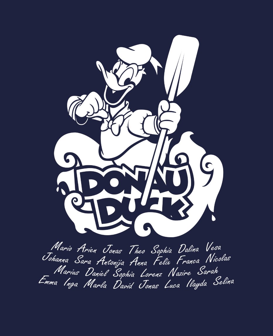 Donau Duck – Abschlussfahrt Ente Paddel Namensliste Script Navy Weiß