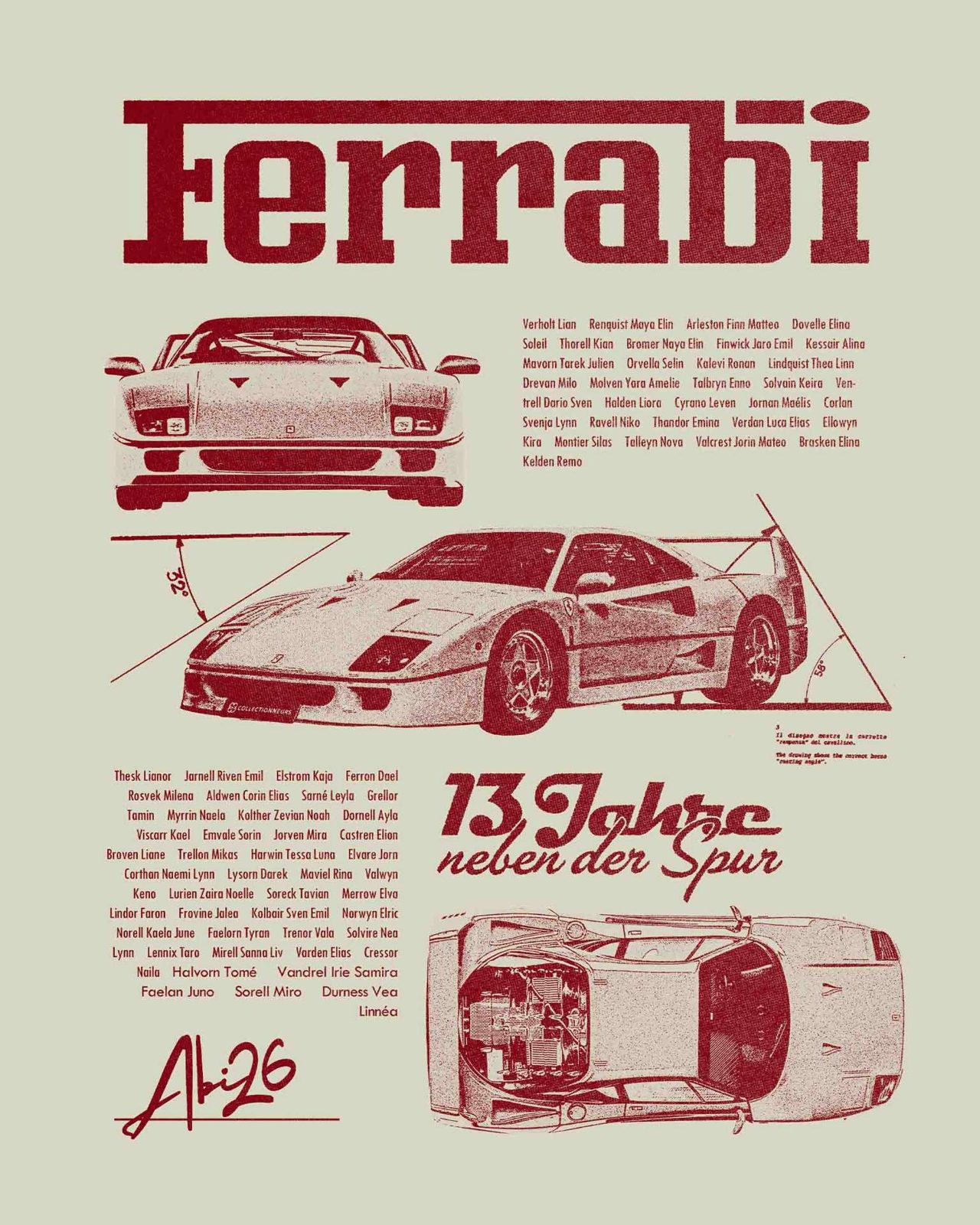 Ferrabi 13 Jahre neben der Spur – F40 Blueprint Namensliste Abi26 Mint Rot