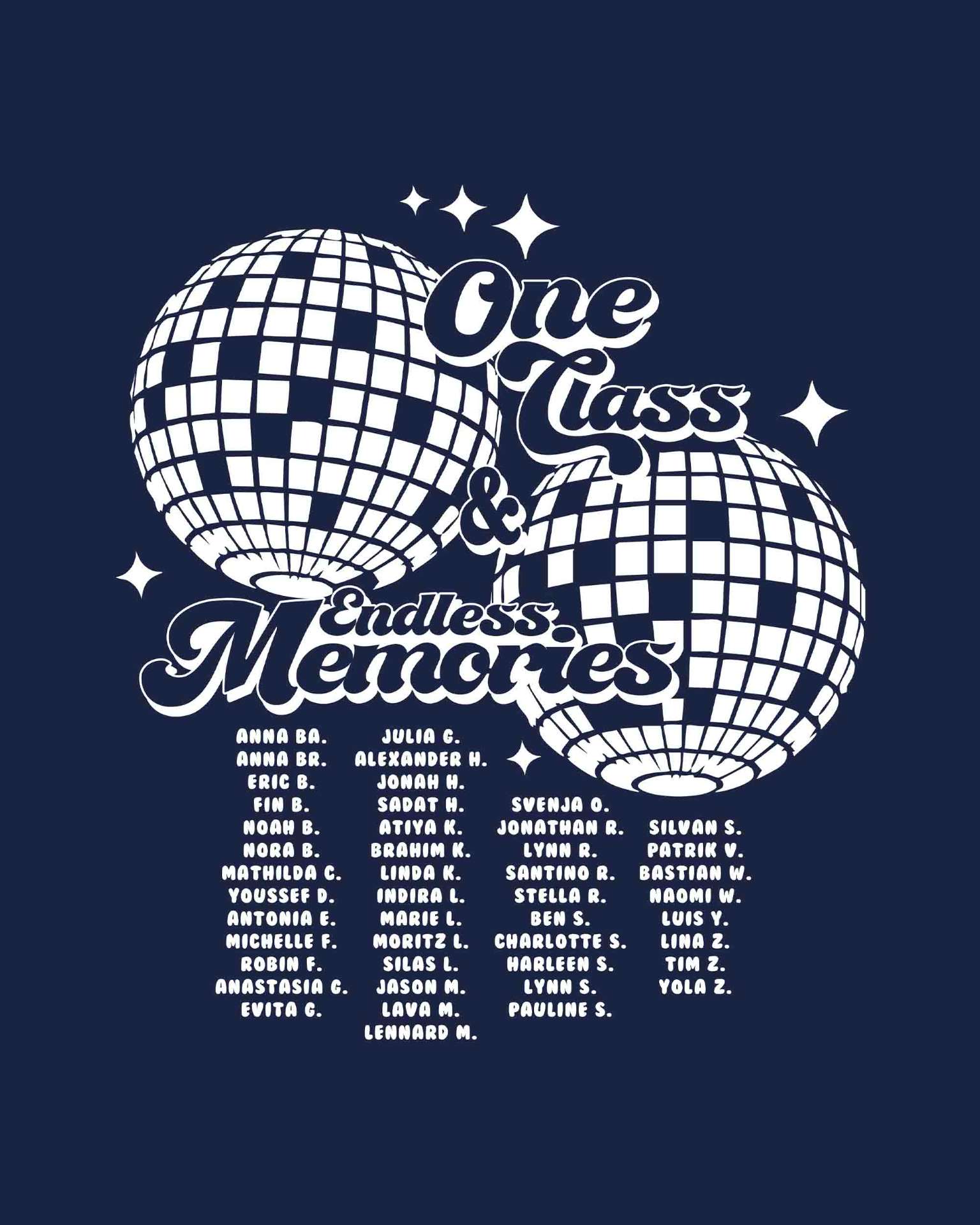 One Class & Endless Memories – Retro Discokugeln Namensliste 4 Spalten Navy