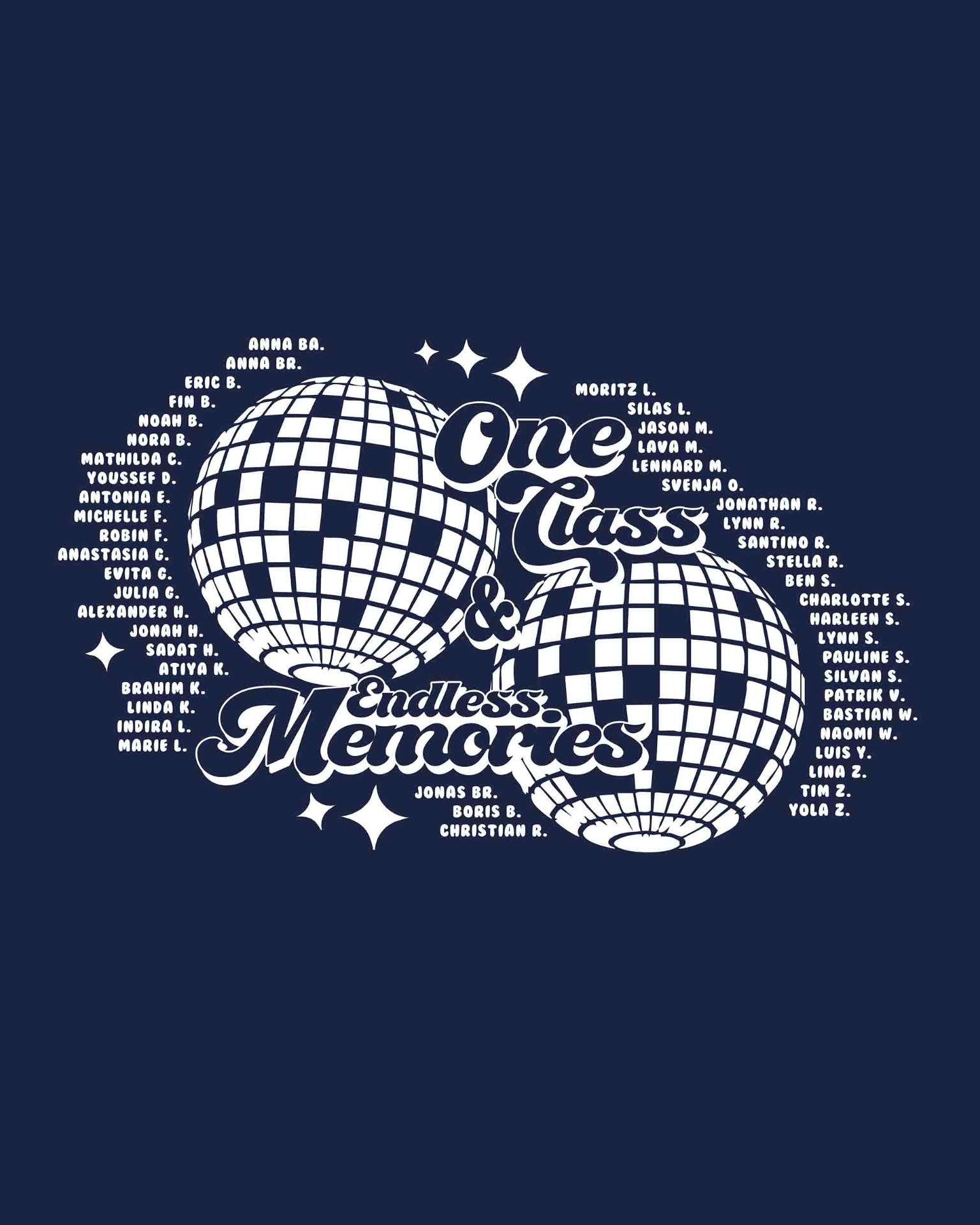 One Class & Endless Memories – Discokugeln Namensliste Umrandung Navy